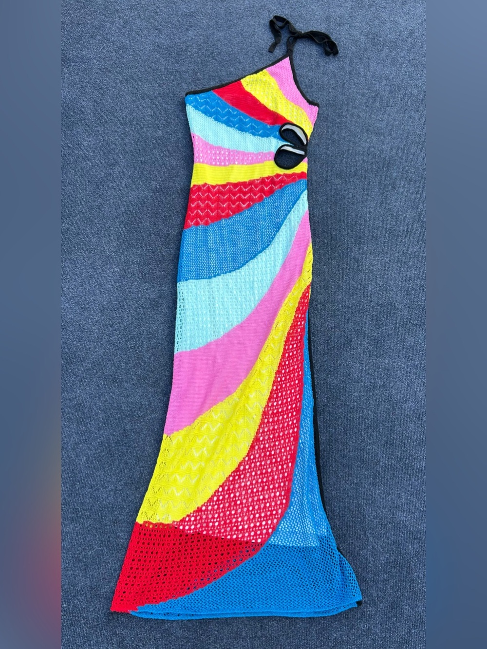 Staud Alpes One-Shoulder Multi-Color Crochet Knit Maxi Dress Rainbow Medium - Picture 3 of 16